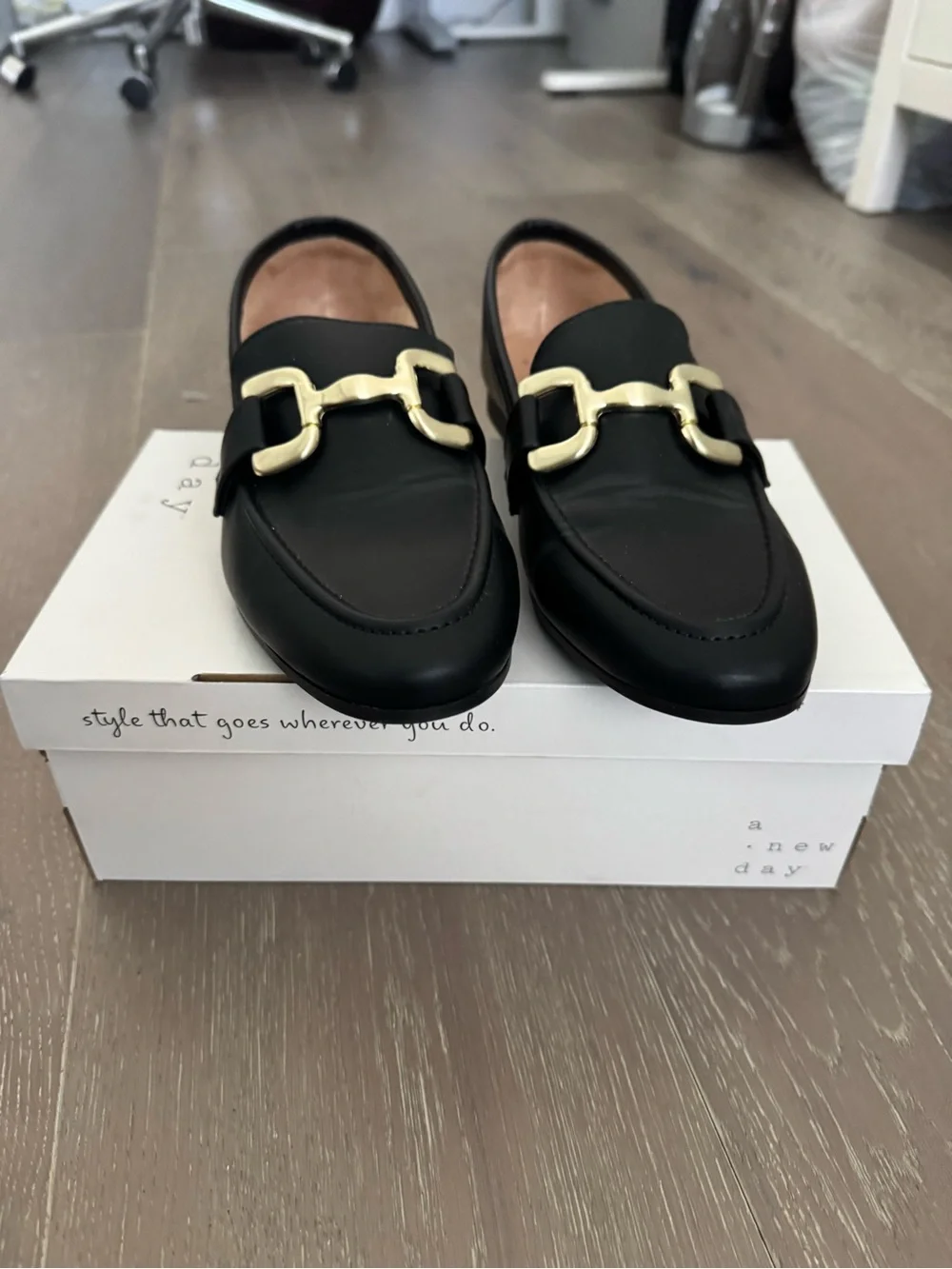 a new day Black Loafers with Gold Bit Detail